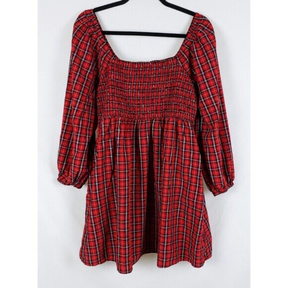 Old Navy Tartan Plaid Smocked Dress Womens Petite L Holiday Grunge Rustic - Picture 2 of 8
